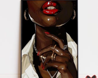 Estampa de moda feminina negra, arte com lábios vermelhos, decoração rica e elegante (download digital)