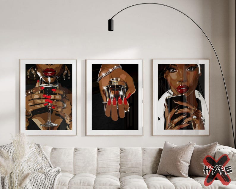 May include: Three framed illustrations of women with red lips and manicures. The first woman is holding a glass of red wine. The second woman is holding a bottle of perfume. The third woman is holding a smartphone.
