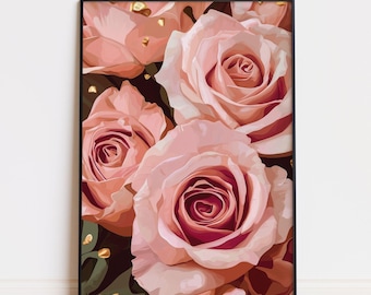 Arte mural imprimible de rosas rosadas, póster de arte de mujer negra, arte primaveral de moda, decoración de pared de flores, decoración floral abstracta moderna, descarga digital
