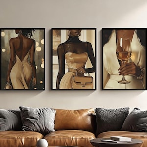 Elegant Black Girl Set of 3 Prints, Black Woman Art, Luxury Fashion Prints, Printable Black Female Wall Art, Melanin Decor, Digital Download
