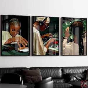 Juego de 3 impresiones de DJs negras, arte imprimible para tocadiscos de vinilo, decoración musical, pósteres artísticos de chicas negras, arte para amantes de la música, descarga digital