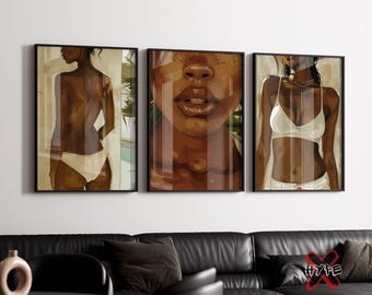 Black Woman Art Print Set of 3, Feminine Body Positivity Posters, (Digital Download)