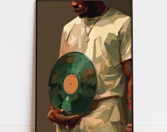 Pode incluir: Uma impressão artística emoldurada com uma pessoa segurando um disco de vinil verde. A pessoa está vestida com uma camiseta e calças creme, com joias de ouro. A obra de arte tem um estilo geométrico moderno com fundo marrom.