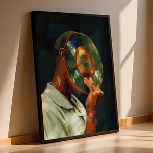 May include: A framed art print featuring a person with a vinyl record in place of a head. The artwork has a dark background with the person wearing a light green shirt. The vinyl record is green, orange, and blue.