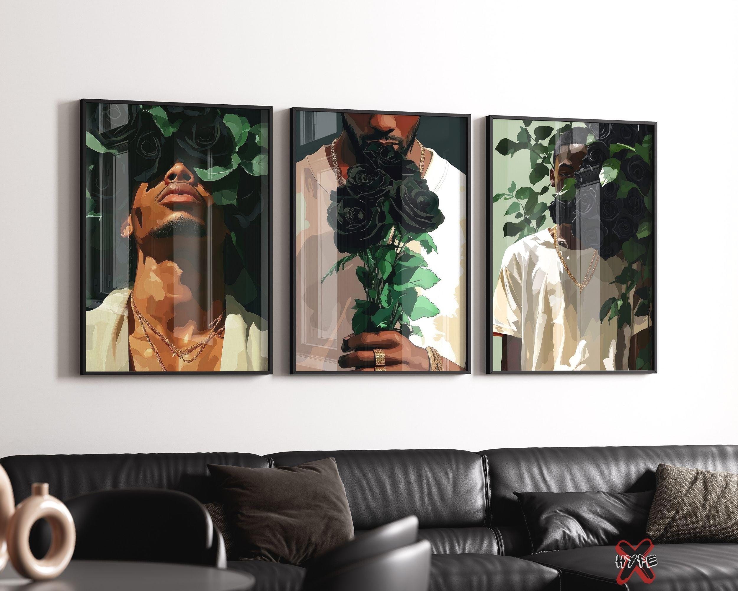 Black Man with Black Roses Wall Art Set of 3 Prints Black Flower Art Masculine Floral Poster Urban Wall Art Hip Hop Decor Digital Download