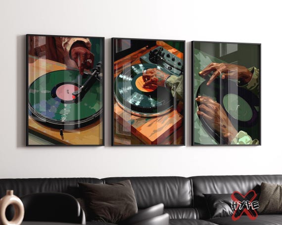 Black Man DJ Wall Art Set of 3, Printable Vinyl Record Turntable