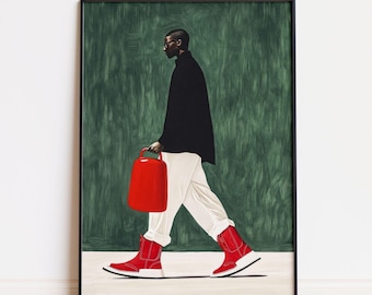 May include: A framed art print depicts a person walking in profile, carrying a red bag. The person wears a black top, white pants, and red boots. The background is a textured green, and the artwork is framed in black.