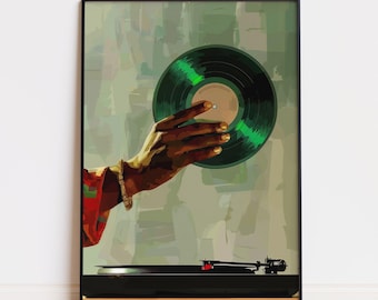 Green Vinyl Record Music Poster, Black Man DJ Wall Print, Printable Turntable Wall Art, Hip Hop Music Art, Hypebeast Decor Digital Download