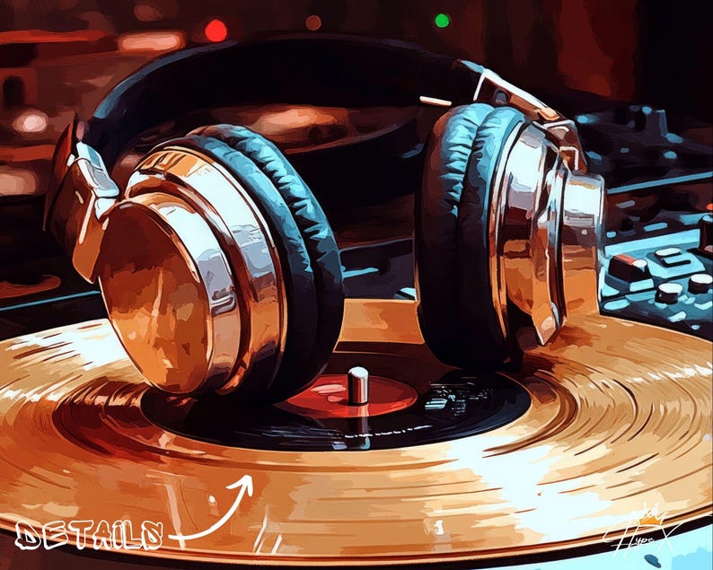 K&ouml;nnte beinhalten: Ein gold-silberner DJ-Kopfh&ouml;rer liegt auf einer Schallplatte. Der Kopfh&ouml;rer hat gro&szlig;e, gepolsterte Ohrmuscheln und ein metallisches Finish. Die Schallplatte ist goldfarben mit roter Mitte. Das Wort "DETAILS" steht unten links.
