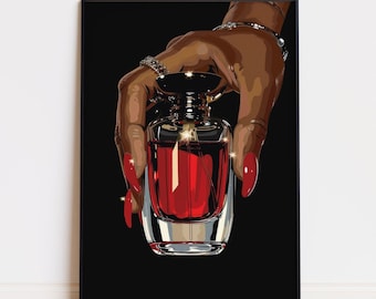 Impresión de perfume de mujer negra: Uñas rojas, decoración glamurosa para tocador (descarga digital)