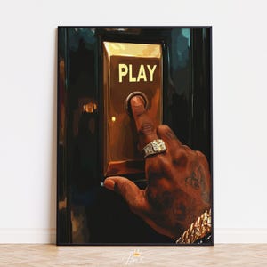 Arte mural con botón de reproducción, obra musical minimalista, póster de hip hop de lujo, impresión artística de cultura negra, decoración moderna para salas de juegos, descarga digital
