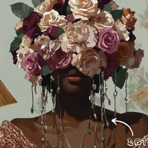 Puede incluir: Un retrato de una persona con una corona de flores en la cabeza. Las flores son una mezcla de rosas rosas, blancas y rojas, y la persona tiene la piel oscura y lleva un collar con cuentas.