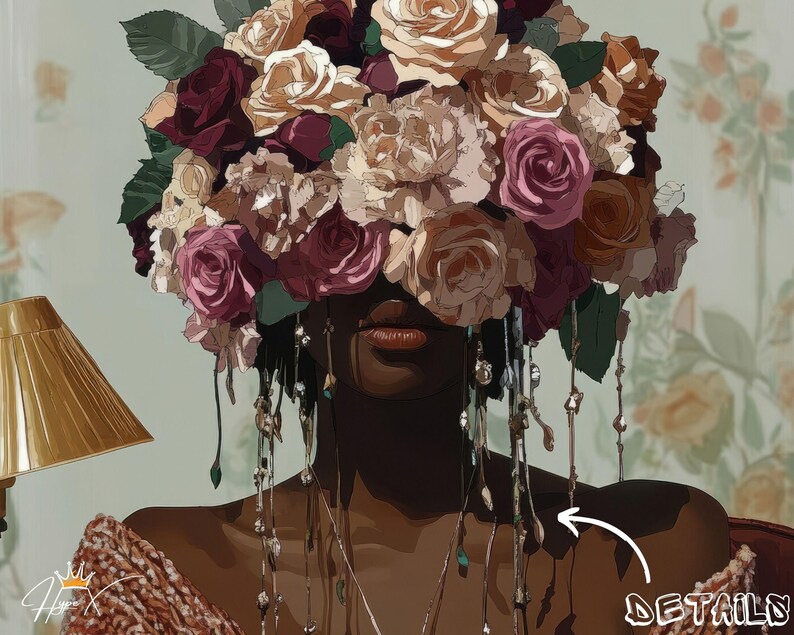 Puede incluir: Un retrato de una persona con una corona de flores en la cabeza. Las flores son una mezcla de rosas rosas, blancas y rojas, y la persona tiene la piel oscura y lleva un collar con cuentas.