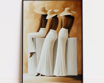 May include: An art print featuring three figures in white attire and straw hats, set against a warm, neutral backdrop. The figures are depicted from the back, with one seated and two standing, creating a sense of elegance and style.