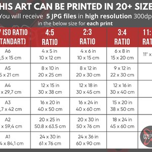 Pode incluir: Tabela de tamanhos de impress&atilde;o com v&aacute;rias propor&ccedil;&otilde;es e dimens&otilde;es, incluindo 10 x 12 cm, 20 x 25 cm e 30 x 38 cm. A tabela tamb&eacute;m lista medidas em polegadas, como 4 x 5 polegadas, 8 x 10 polegadas e 12 x 15 polegadas. O texto diz "THIS ART CAN BE PRINTED IN 20+ SIZES."