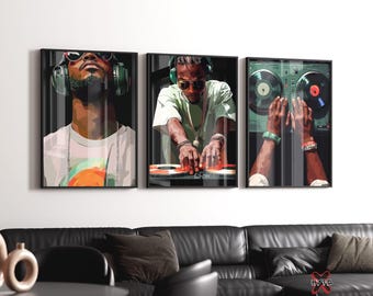 Black Man DJ Prints Set of 3, Printable Vinyl Record Turntable Art, Hip Hop Music Decor, Hypebeast Posters for Music Lover Digital Download