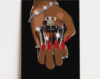Arte mural con perfume de lujo, impresión glamurosa de mujer negra, decoración de tocador femenina, descarga digital