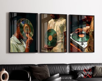 Black Man DJ Wall Art, Set of 3, Printable Vinyl Record Turntable Art, Hip Hop Music Decor, Hypebeast Print for Music Lover Digital Download