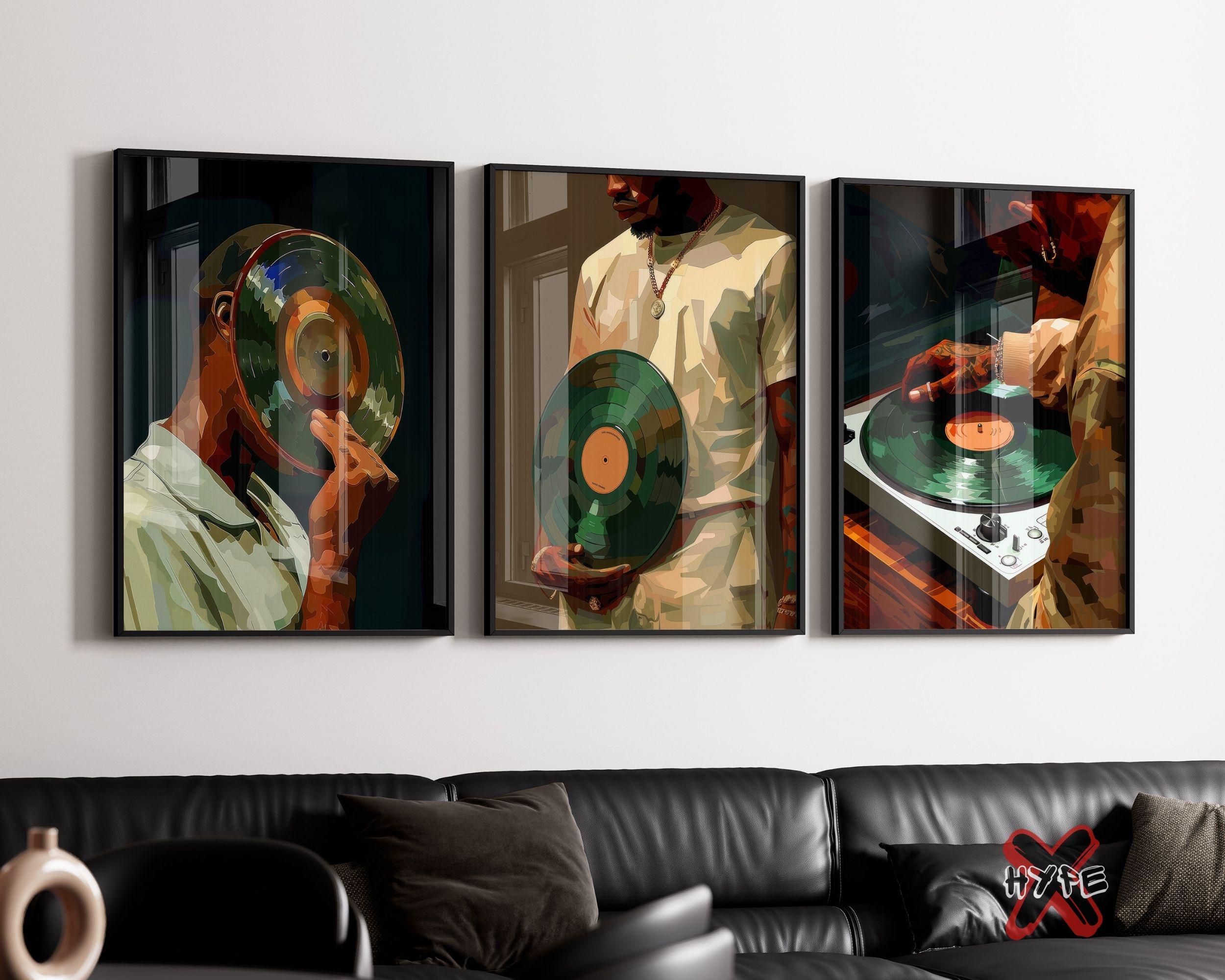Black Man DJ Wall Art, Set of 3, Printable Vinyl Record Turntable