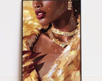 Arte de parede com unhas vermelhas de menina negra, impressão de joias douradas, pôster de lábios vermelhos, arte feminina de menina negra, decoração de moda negra de luxo, download digital