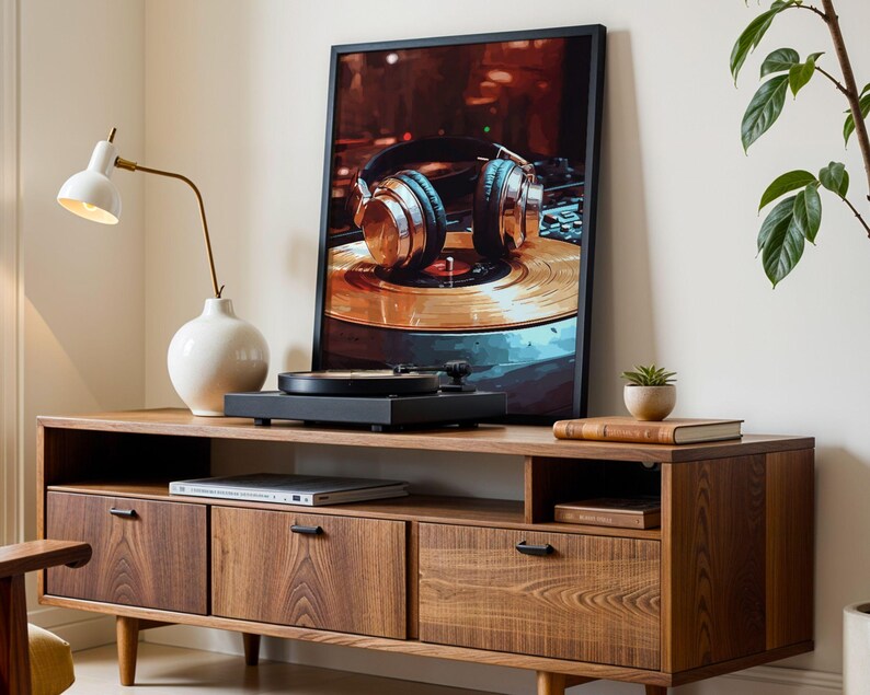 K&ouml;nnte beinhalten: Ein Holz-TV-Schrank mit einem gerahmten Druck von Kopfh&ouml;rern auf einem Plattenspieler. Ein schwarzer Plattenspieler steht oben. Eine wei&szlig;e Lampe und Vase befinden sich links. Eine kleine Pflanze und ein Buch befinden sich rechts.