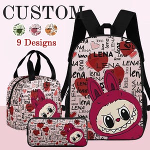 Custom Labubu Backpack Lunch Bag Pencil Pouch, Personalized Name Backpack, Backpack with Labubu, First Day of School Backpack, Backpack Girl