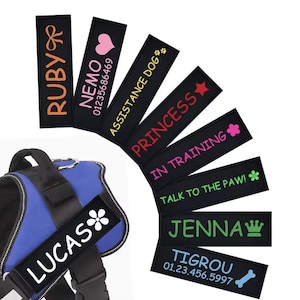 Op de afbeelding: Een assortiment zwarte honden-ID-tags met kleurrijk geborduurde tekst en symbolen. De tags bevatten namen zoals Ruby, Nemo, Princess, Jenna en Tigrou, samen met telefoonnummers en zinnen zoals "Assistance Dog" en "In Training".