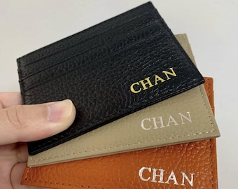 Tarjetero de cuero personalizado con iniciales personalizadas, billetera delgada, monograma personalizado