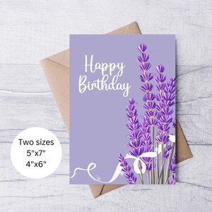 Cartão de feliz aniversário com lavanda, cartão de aniversário floral para impressão, cartão minimalista, presente para ela, amigo, família, ilustração de mão botânica