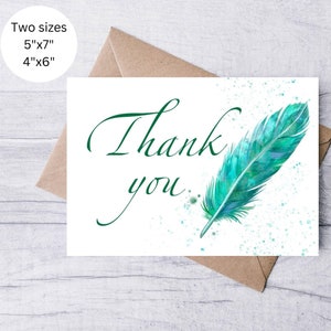 Feder Danke-Karte, Danke-Karte druckbare, blaue Hand gezeichnete Danke-Karte, minimalistische Karte