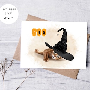 Carte de voeux Happy Halloween, carte mignonne Boo Cat, carte d'Halloween drôle, parfaite pour les amateurs d'Halloween - carte-cadeau effrayante chat sorcière-cadeau