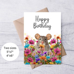 Afdrukbare verjaardagskaart muis en bloemen, downloadbare verjaardagskaart, leuke wenskaart, twee maten, kaart cadeau voor hem, haar familievriend