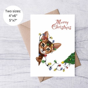 Biglietto di auguri di Buon Natale, biglietto di auguri con gatto carino, regalo di Natale divertente, gatto e luci fatate, cartolina perfetta per gli amanti dei gatti, fan dei gatti, amici, famiglia