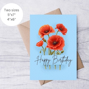 Carte de joyeux anniversaire fleur de pavot, carte d'anniversaire imprimable florale, cadeau pour elle lui, ami de la famille, carte de voeux illustration botanique à la main