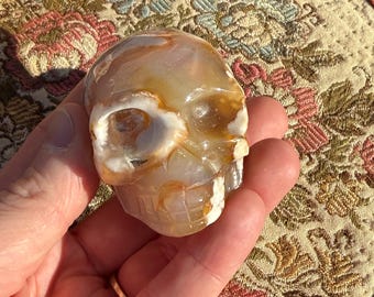 Flower Agate Skull C | Dense Plume Matrix with Chalcedony Depth | 41mm