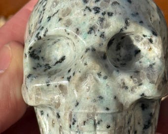 Kiwi Jasper Skull Carving | Mint Green Stone with Black Speckling 57mm