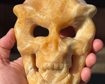 Orange Calcite Skull Mask Carving | Large Crystal Mask 145mm