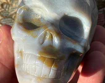 Blue Grey Banded Chalcedony Skull |  Agate Carved Skull | 61mm