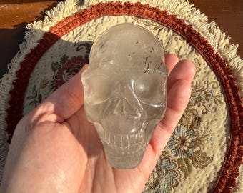 Clear Quartz Skull with Black Tourmaline Inclusions | 74mm Carved Stone Carving