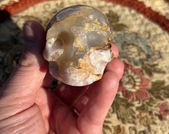 Flower Agate Skull Carving A | Raw Matrix & Natural Cavities | 45mm Crystal Skull