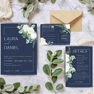 Marineblaue Hochzeitseinladungs-Vorlage | Elegantes Canva Invite Set | Bearbeitbarer druckbarer digitaler Download