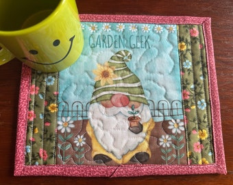 Gnome Lovers Quilted Mug Rug, Snack Mat, Mini Placemat