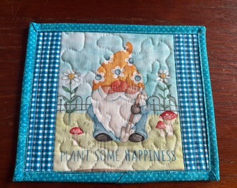 Garden Gnome Daisies Quilted Mug Rug Snack Mat Oversize Coaster Turquoise