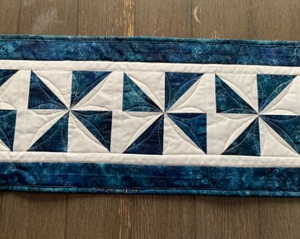 Batik Blue White Pinwheel Quilted Table Runner