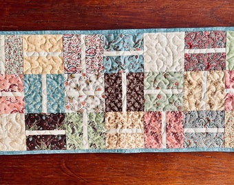 Quilted Table Runner Patchwork Country Farmhouse Chic Peach Cream Brown Blue