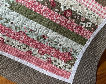 Twin Full Size Cottage or Farmhouse Chic Handmade Quilt Pink Brown Blue Green White Jelly Roll Florals