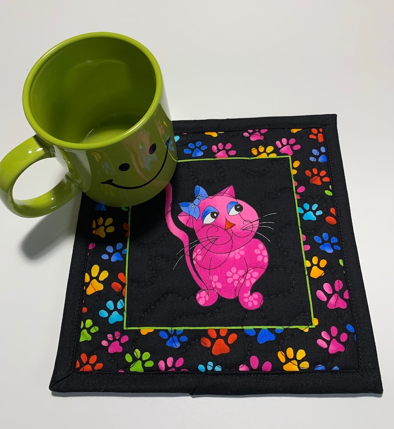 Quilted Cat Mug Rug Cat Lovers Mini Placemat Cat Office Etsy