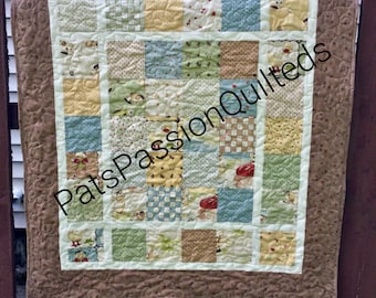 Little Rascals Baby Boy Quilt, Quilted Patchwork Baby Blanket, Quilted Wall Hanging, Brown Yellow Green White