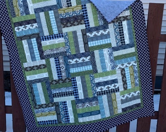 Gray Blue Brown Green Black Quilt Lap Twin or Full Size, Modern Quilted Throw or Bed Quilt