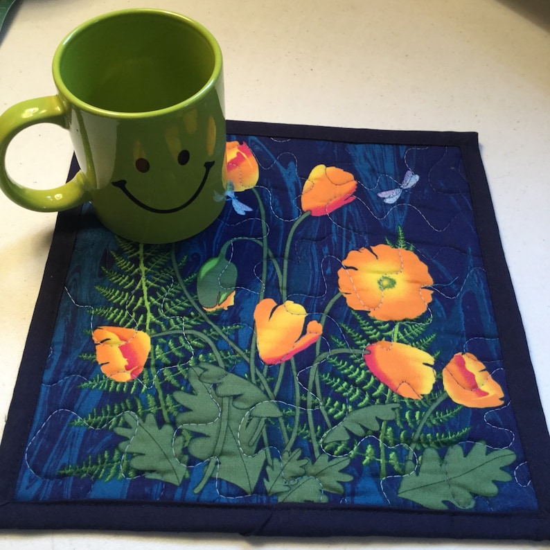 Floral Quilted Snack Mat Orange Poppy Floral Quilted Mini Placemat Quilted Blue Orange Floral Mug Rug